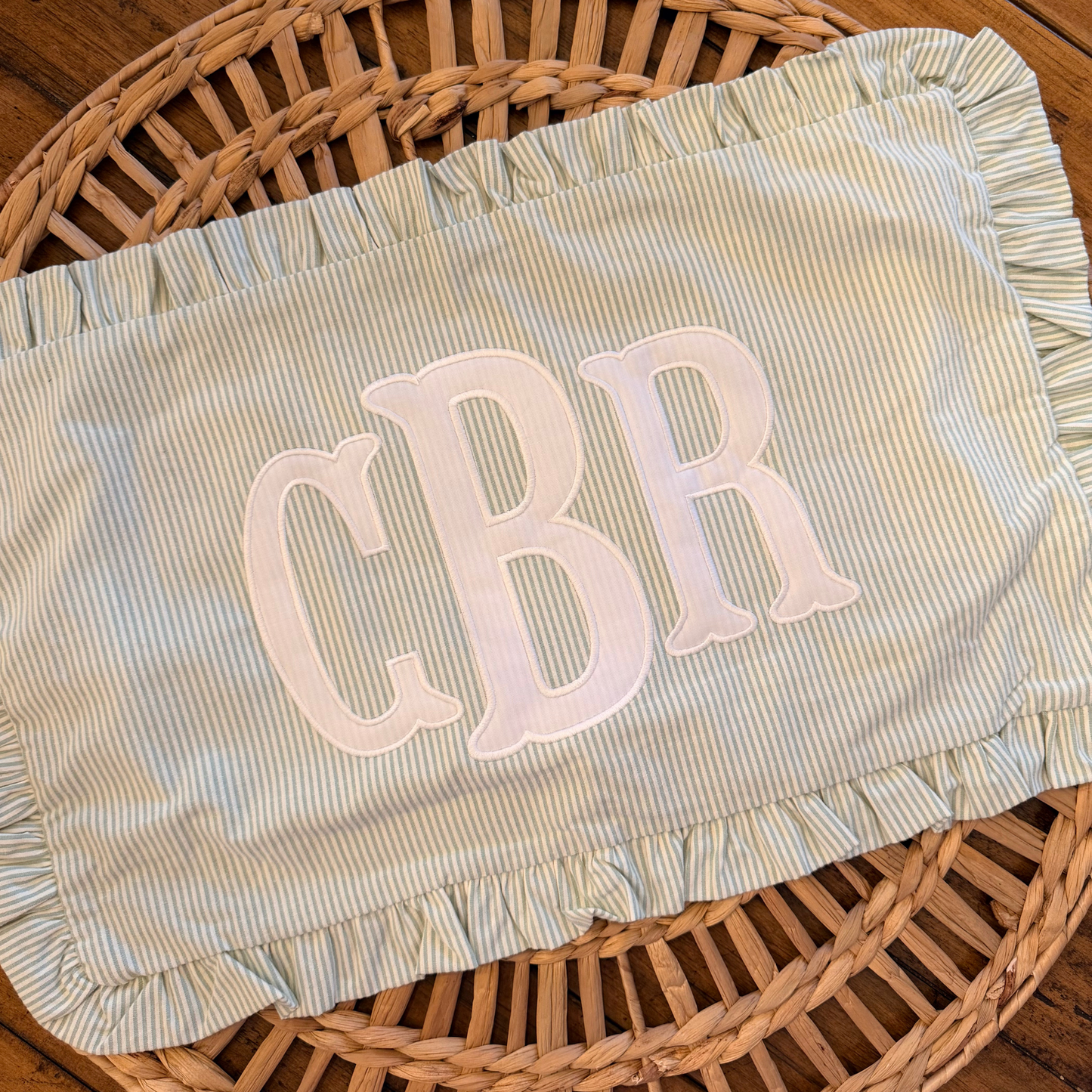 Personalized French Stripe Ruffle Pillow Cover