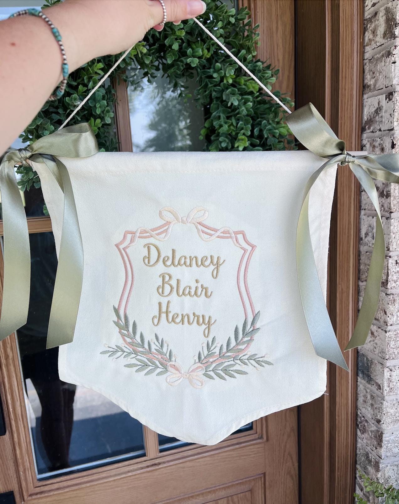 Custom Baby Door Hanger with Greenery and Bow, Embroidered Little Boys Name Announcement Sign, Hospital Prop for Baby, Nursery Decor