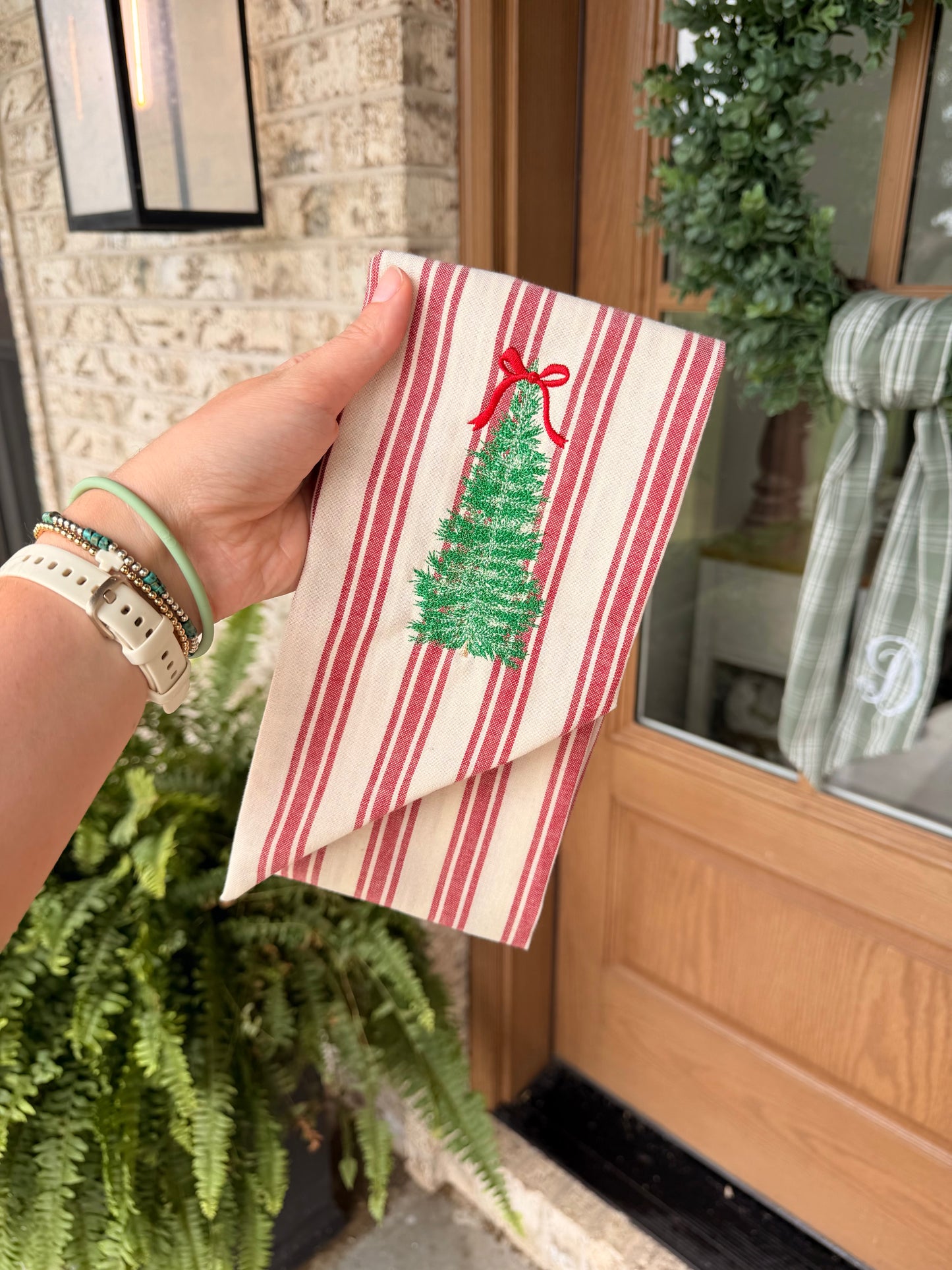 Embroidered Red Stripe Christmas Wreath Sash
