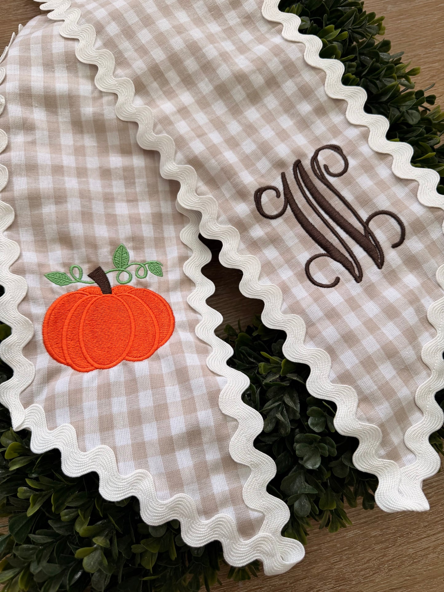 Embroidered Pumpkin - Tan Gingham Wreath Sash