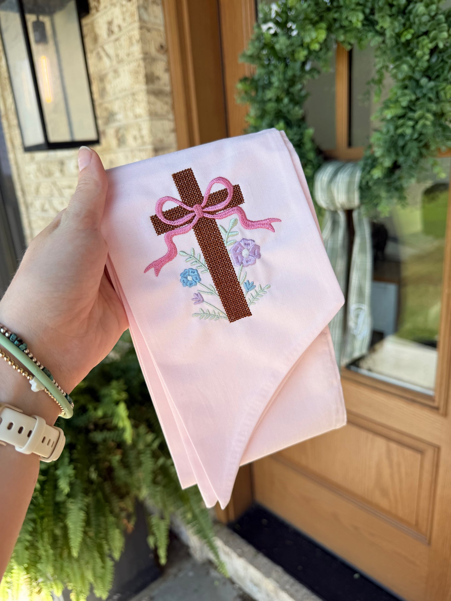 Embroidered Floral Cross Wreath Sash