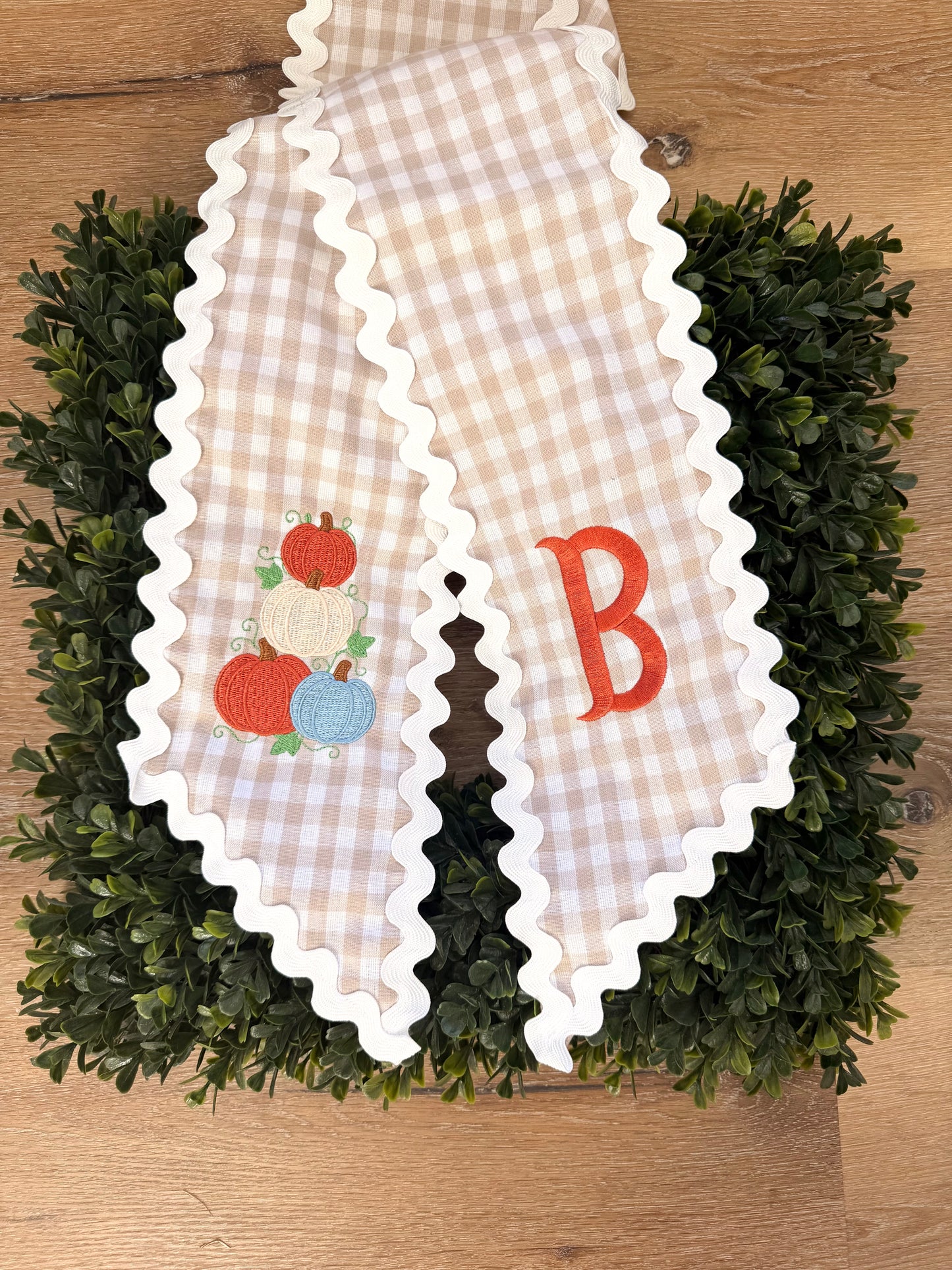 Embroidered Pumpkin Stack - Tan Gingham Wreath Sash